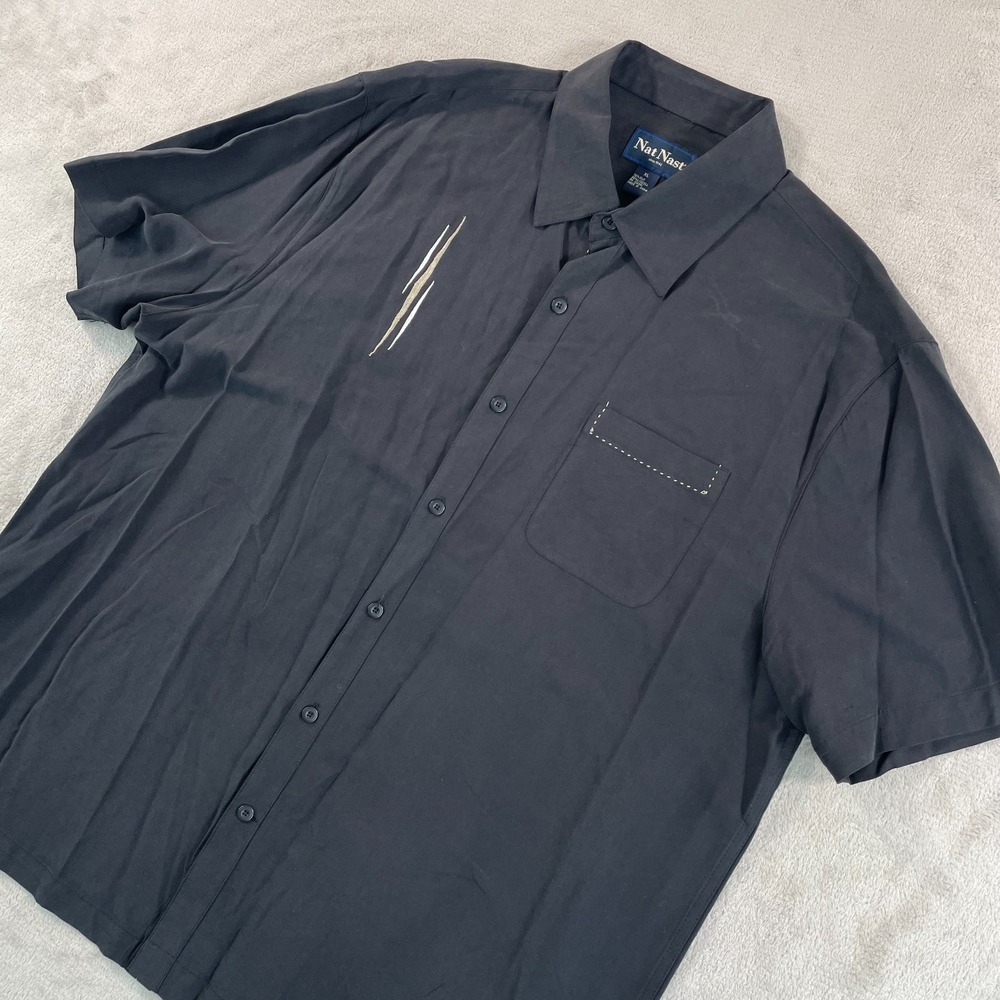 NAT NAST Retro Shirt Men XL Black Silk‎ Blend Embroidered Panel Sopranos SS NWOT